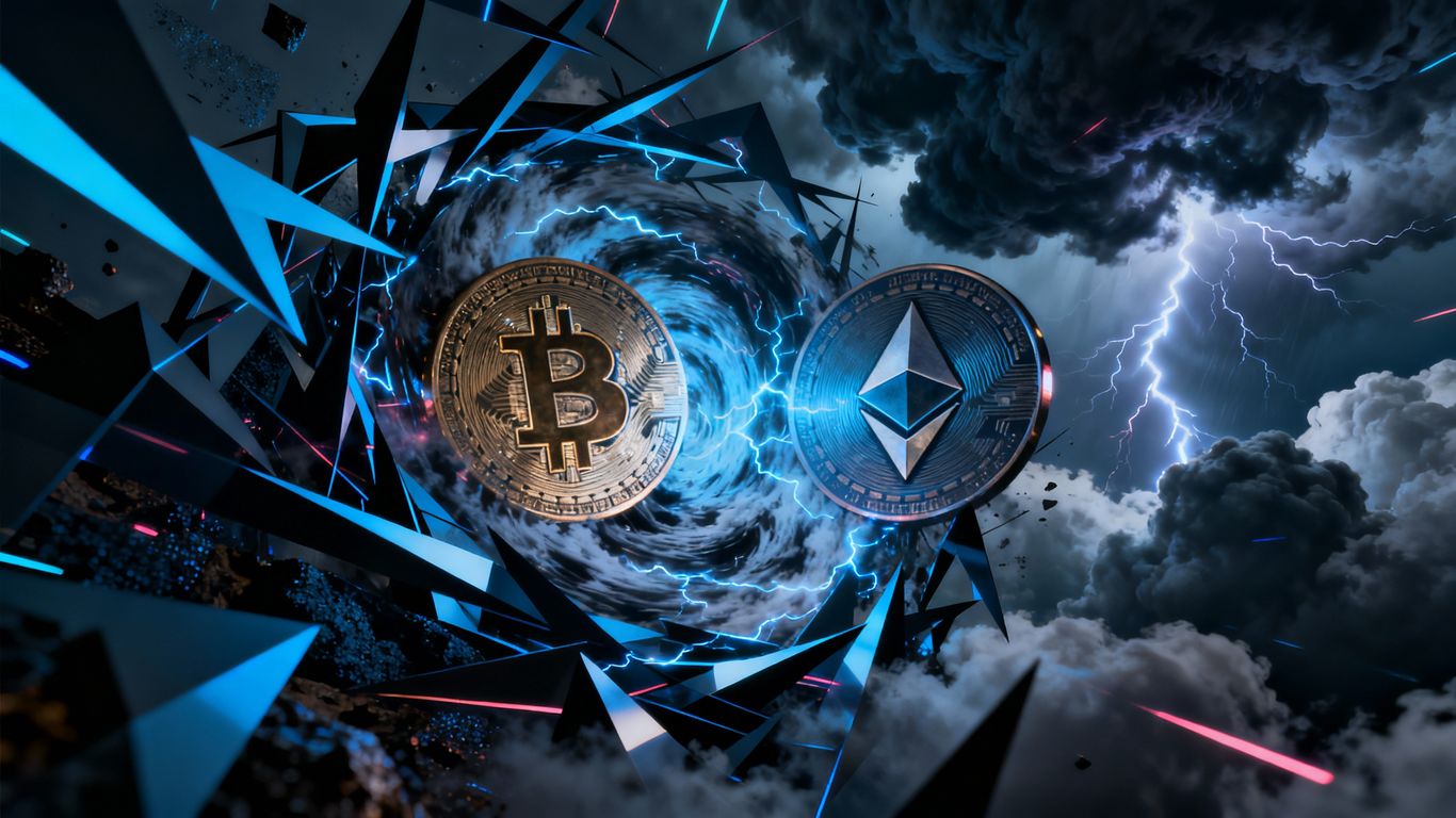 Bitcoin and Ethereum logos in a volatile market storm.