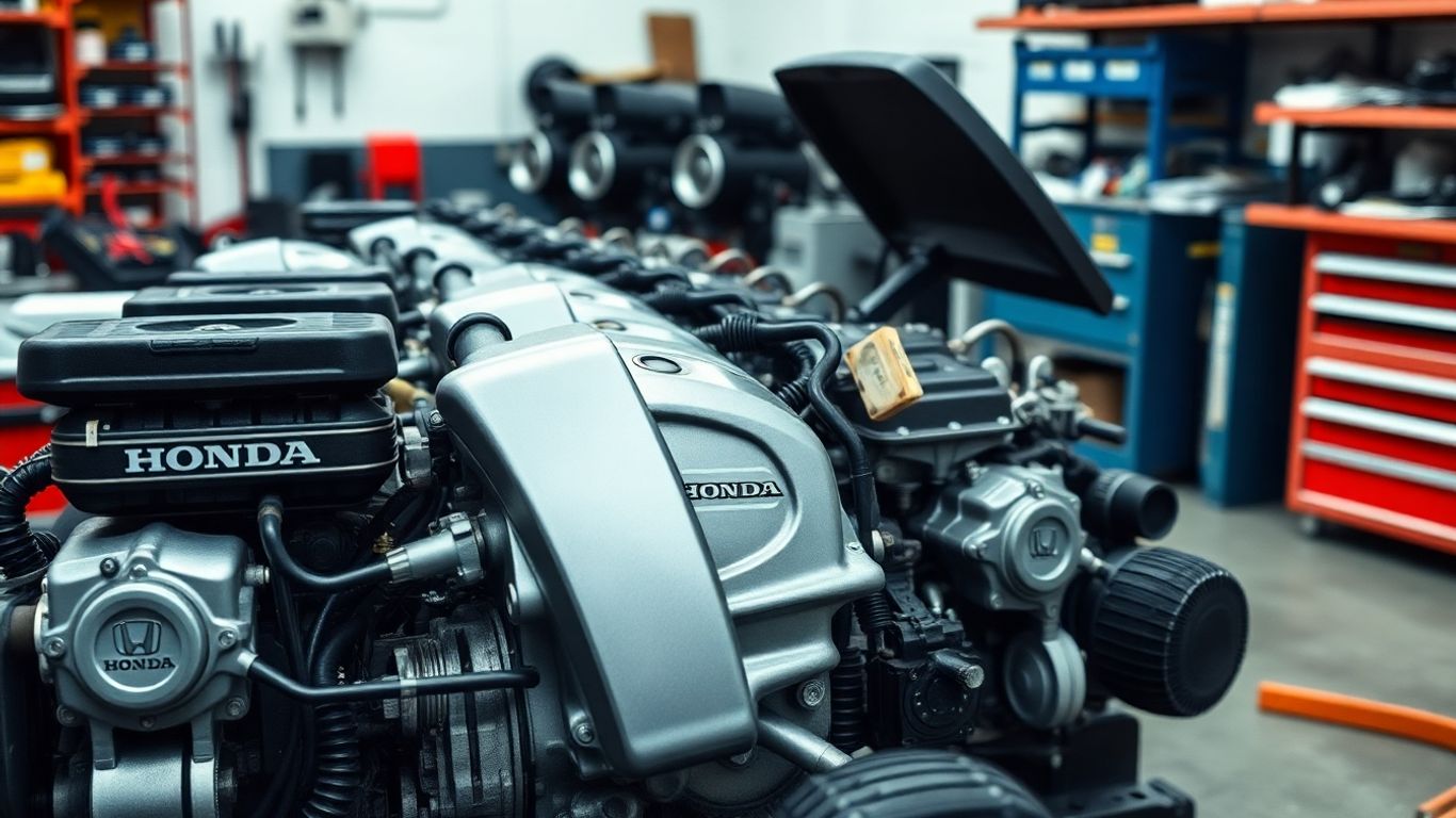 Honda engines and rare car parts in workshop