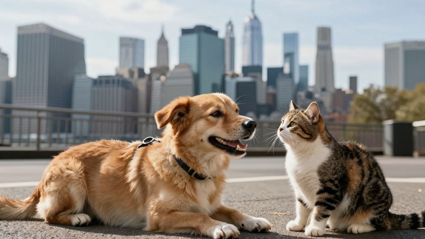Dog and cat in New York City with skyline.