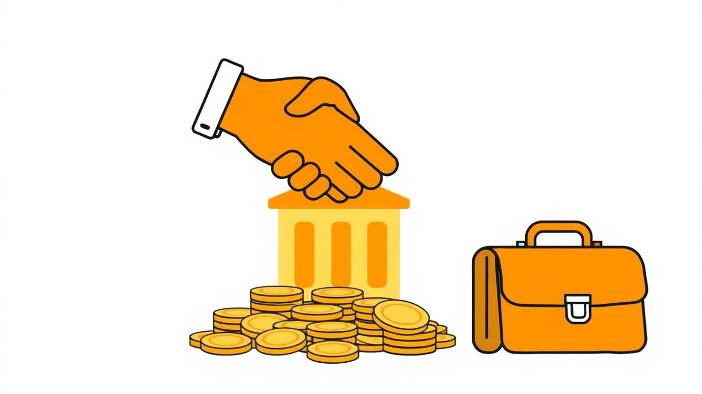 Handshake over coins and building.