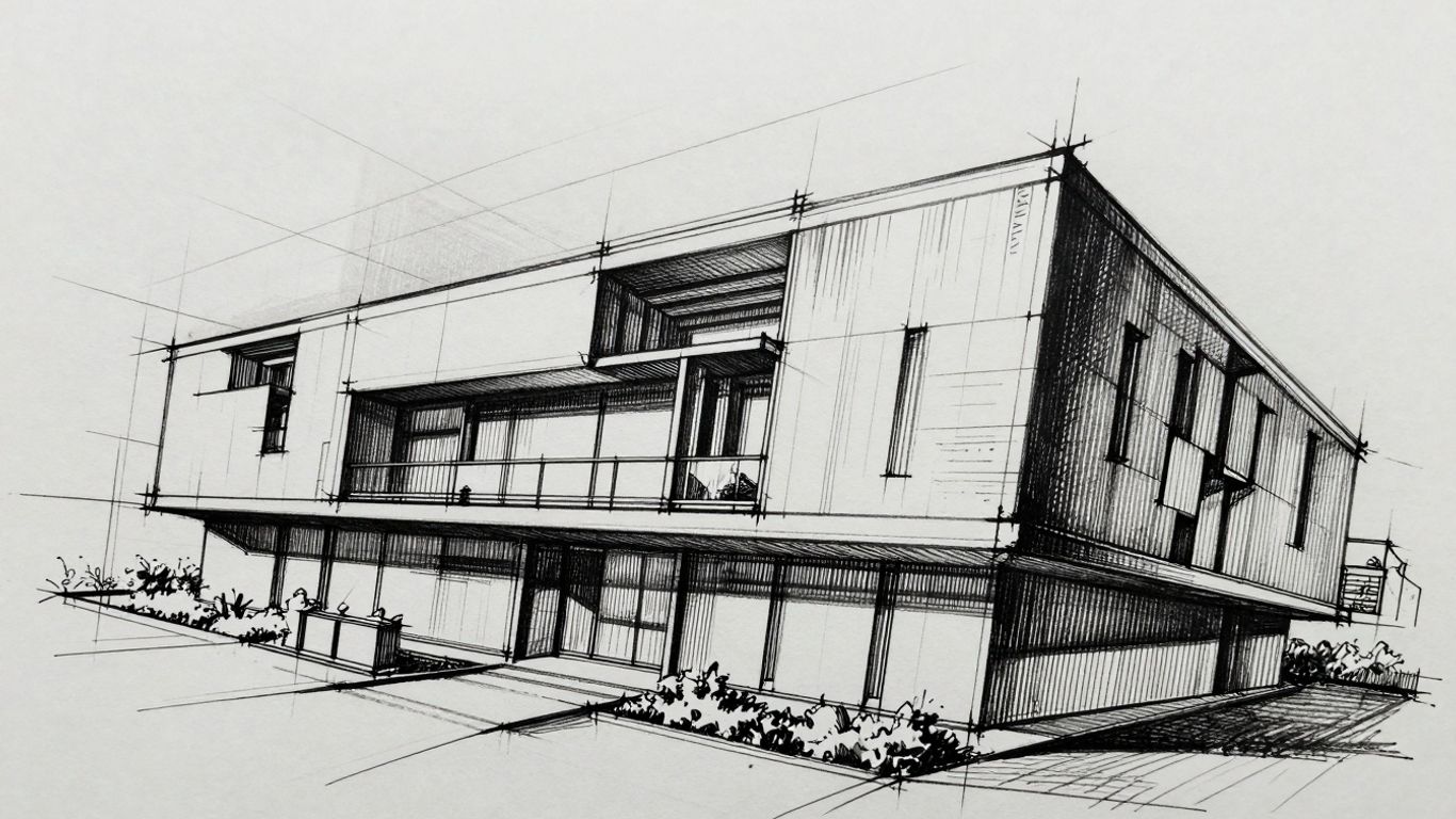 Architectural sketch with detailed lines and shading.