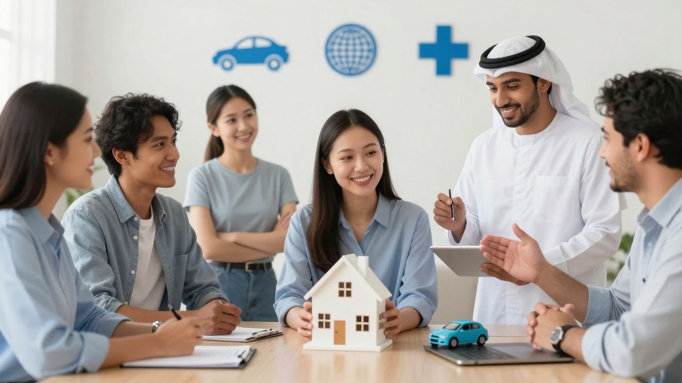 People and insurance symbols like house and car.