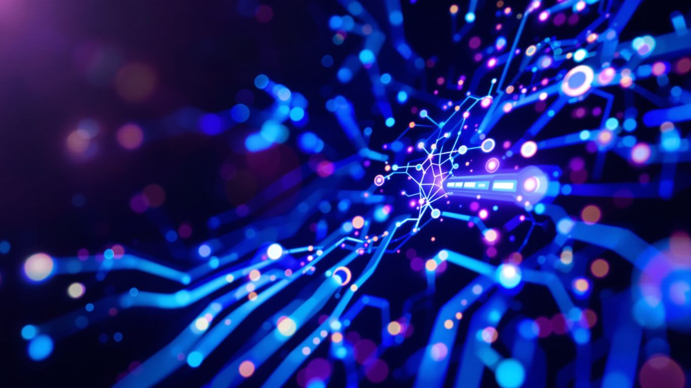 Futuristic AI interface with glowing neural network.