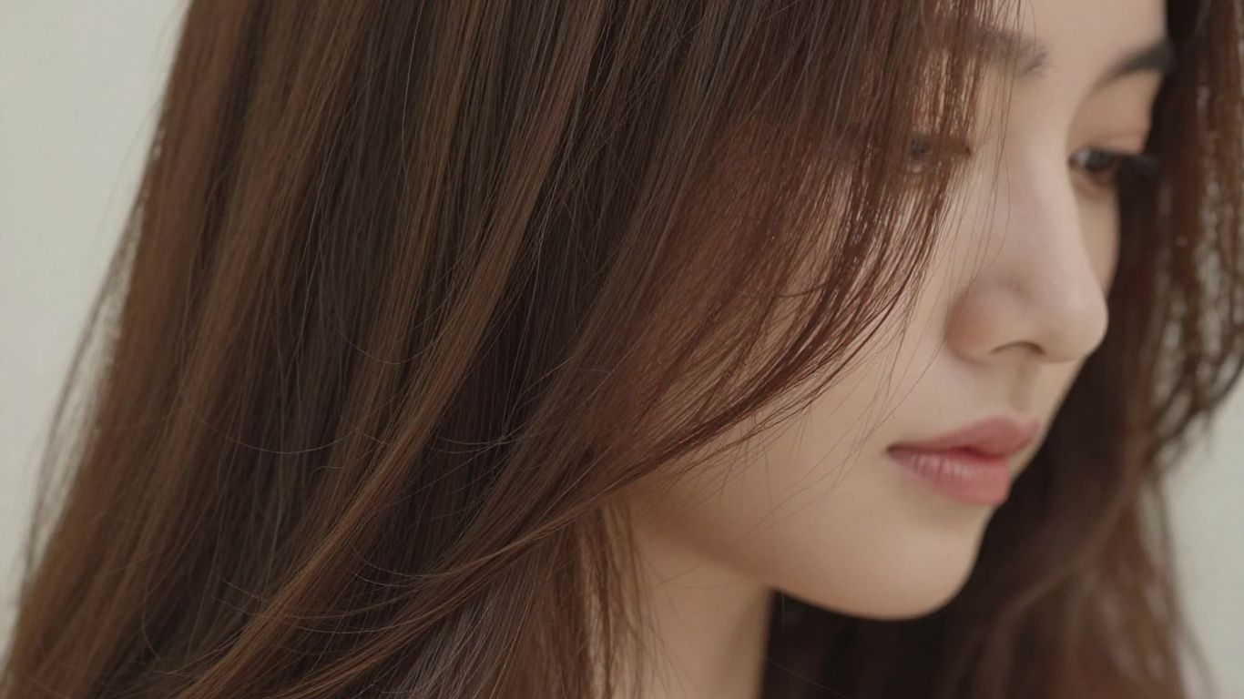 Woman's healthy brown hair with a few strands falling.