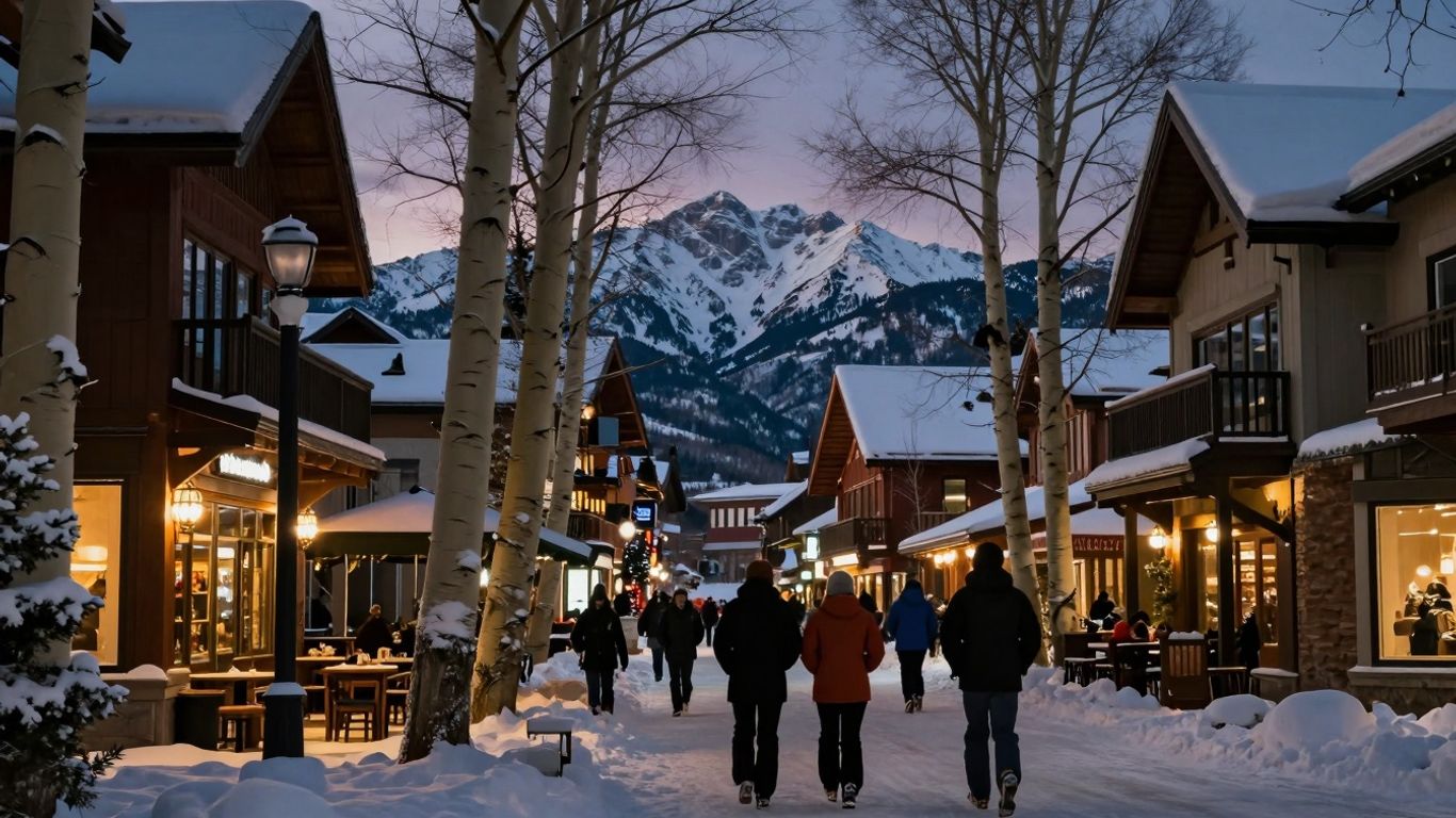 Aspen street at dusk with glowing lights and mountains.
