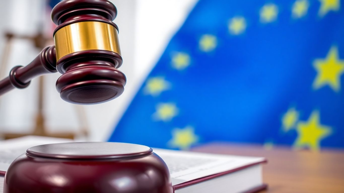 Ciocan de judecător pe carte, steag european estompat.