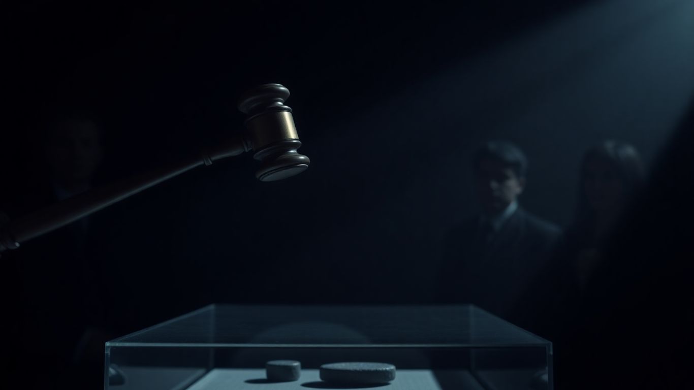 Auctioneer's gavel over display of historical artifacts.