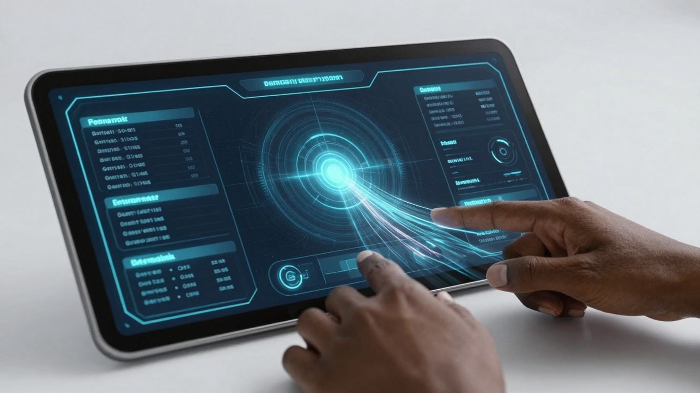 AI-powered SEO tool dashboard with glowing digital elements.