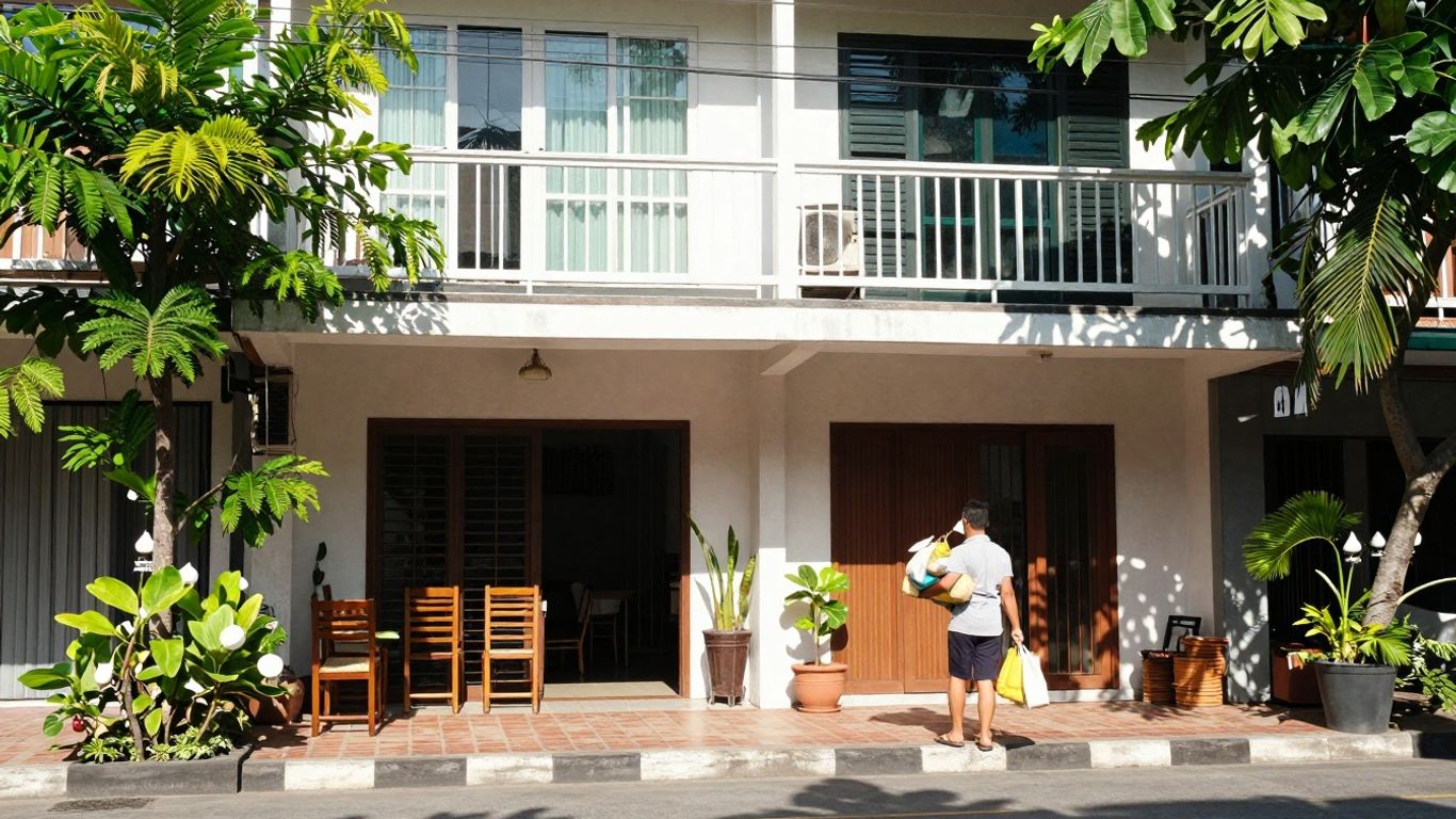 Affordable apartment building in Thailand with a person carrying groceries.