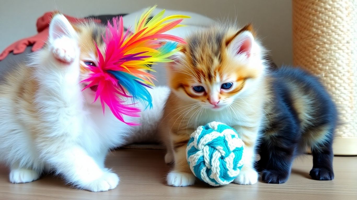 Kitten playing with toys and scratching post.
