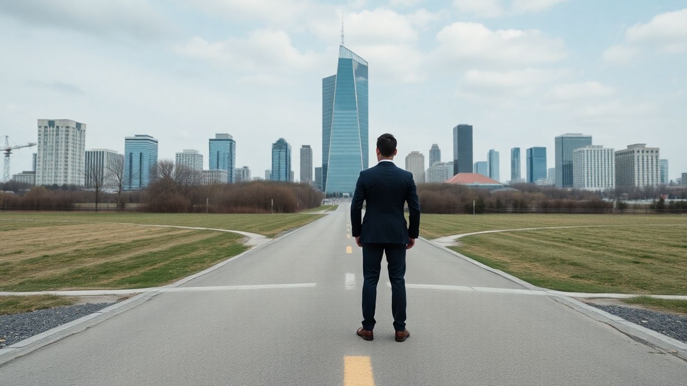 Ein Geschäftsmann steht an einer Weggabelung vor einem modernen Bürogebäude.