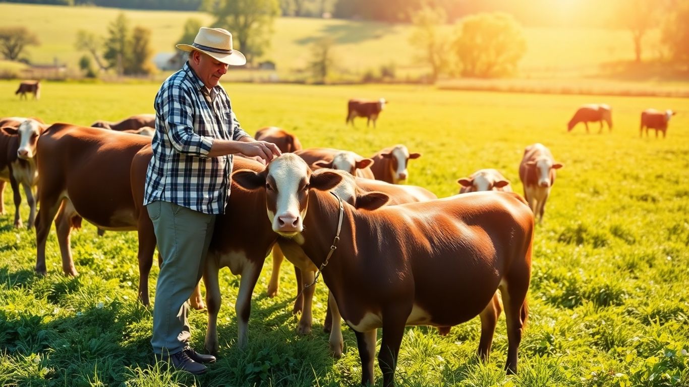 Farmer tending to healthy livestock in a sunny pasture.