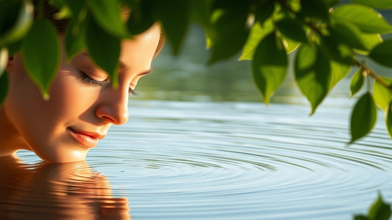 Person meditating peacefully by calm water