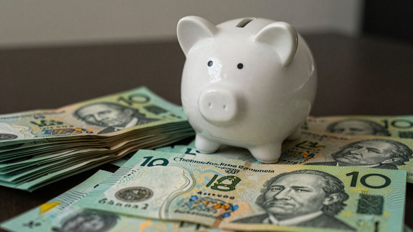 Australian dollars and a piggy bank for savings.