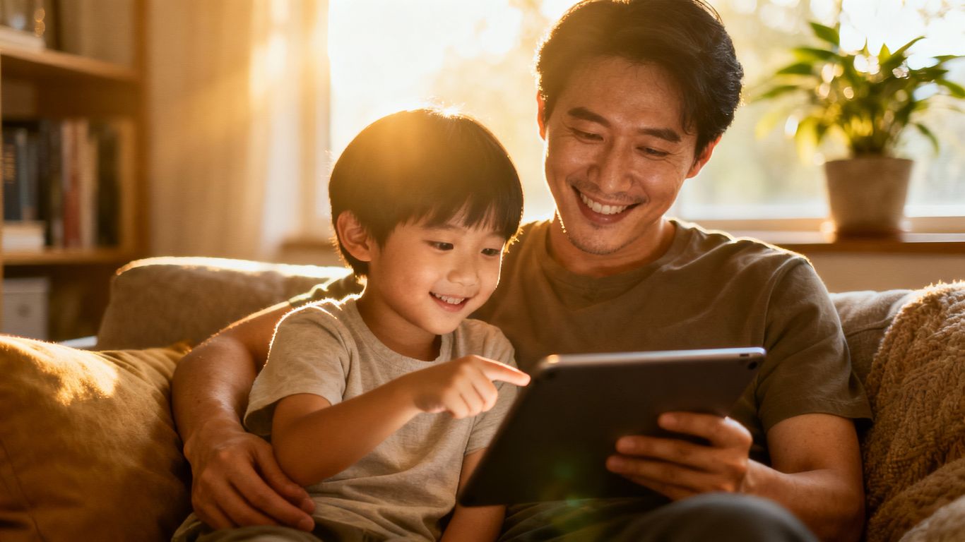 Parent and child using a tablet safely at home.