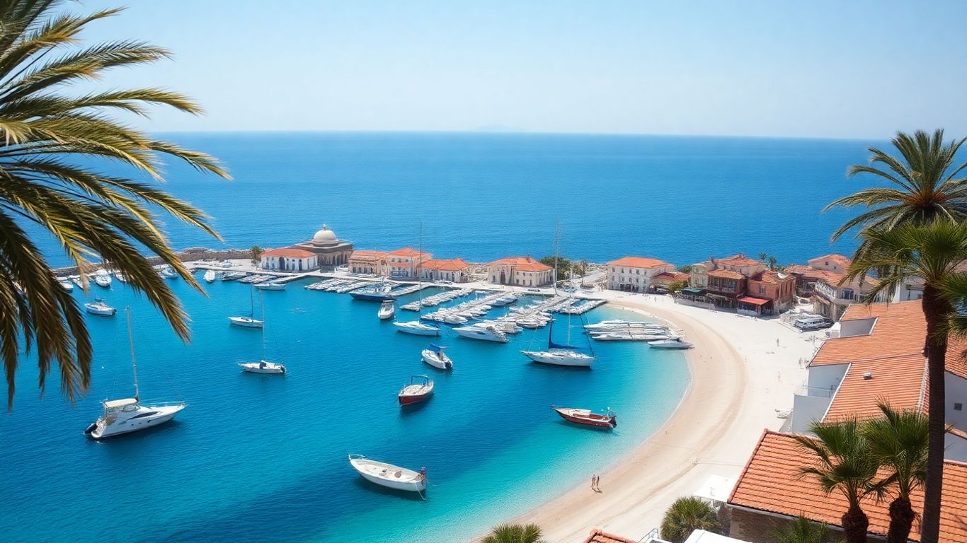 Bateaux dans le port de Sanary sous un ciel bleu.