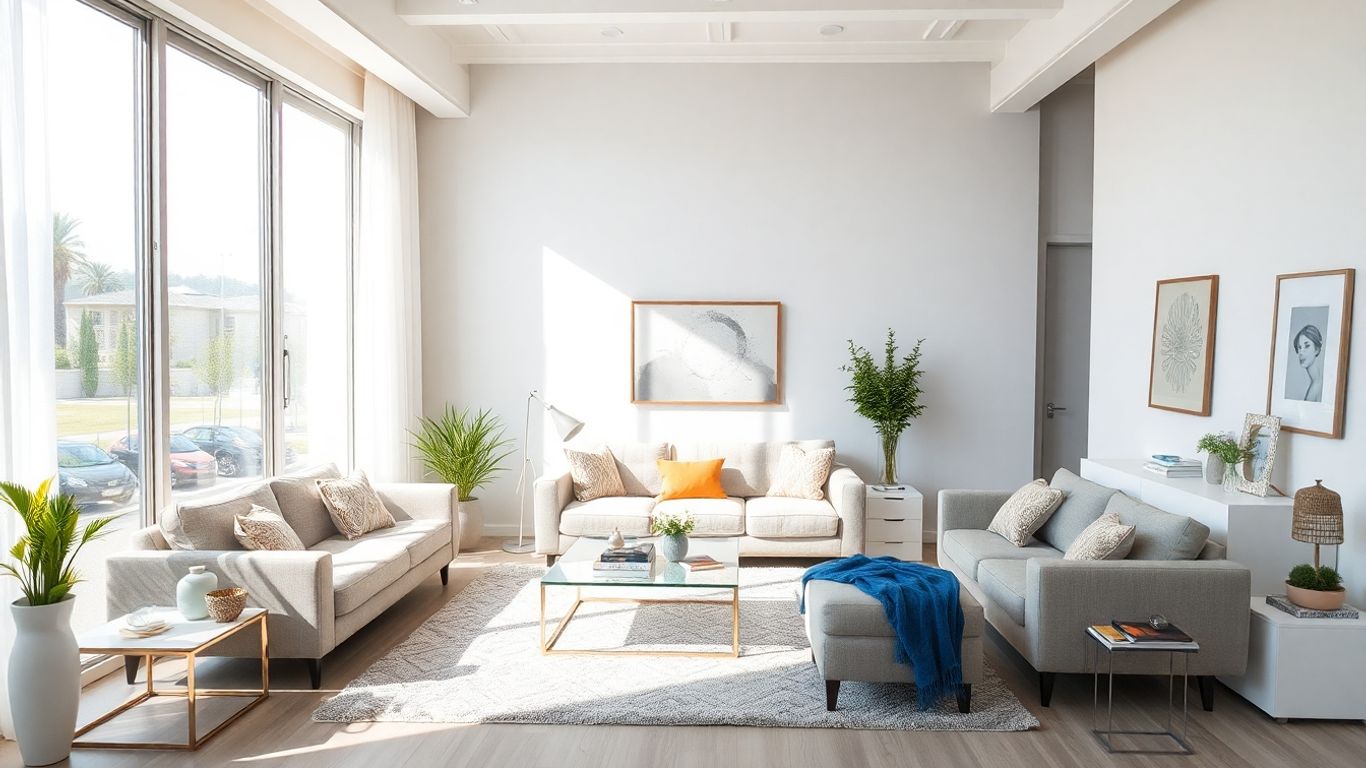 Modern living room interior with organized furniture and natural light.