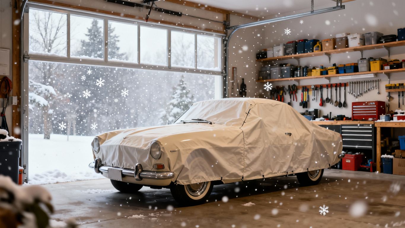 Garage interior with a covered car during winter.