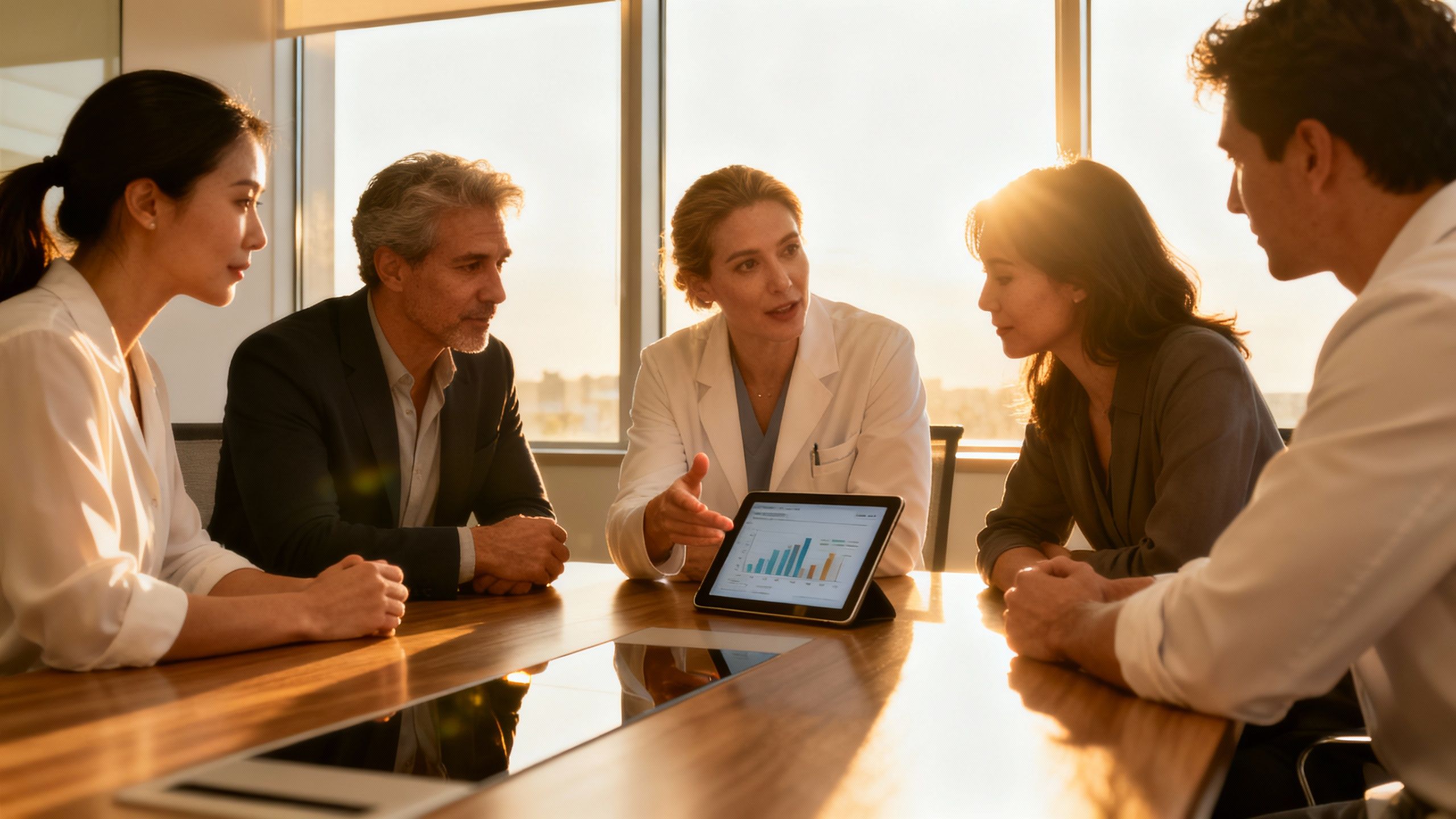 Med spa owners in a meeting discussing marketing strategies.