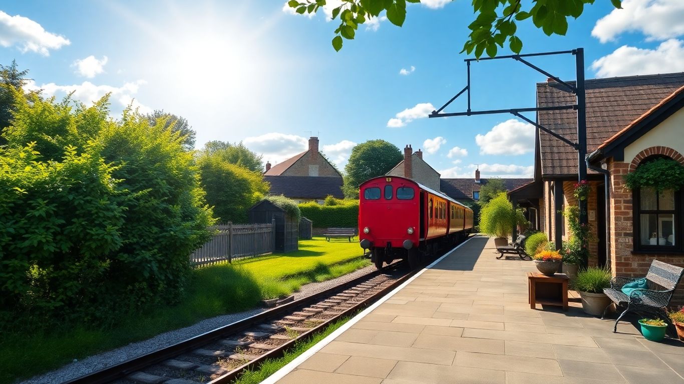British train arriving at a picturesque countryside station.