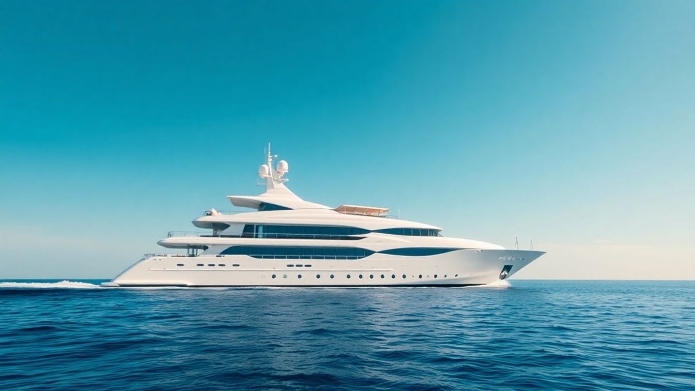 Opulent luxury yacht sailing on a calm, sunny ocean.
