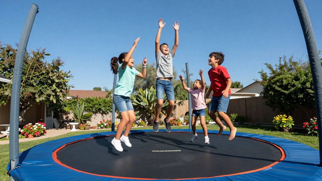 Family enjoying a medium-sized trampoline outdoors.
