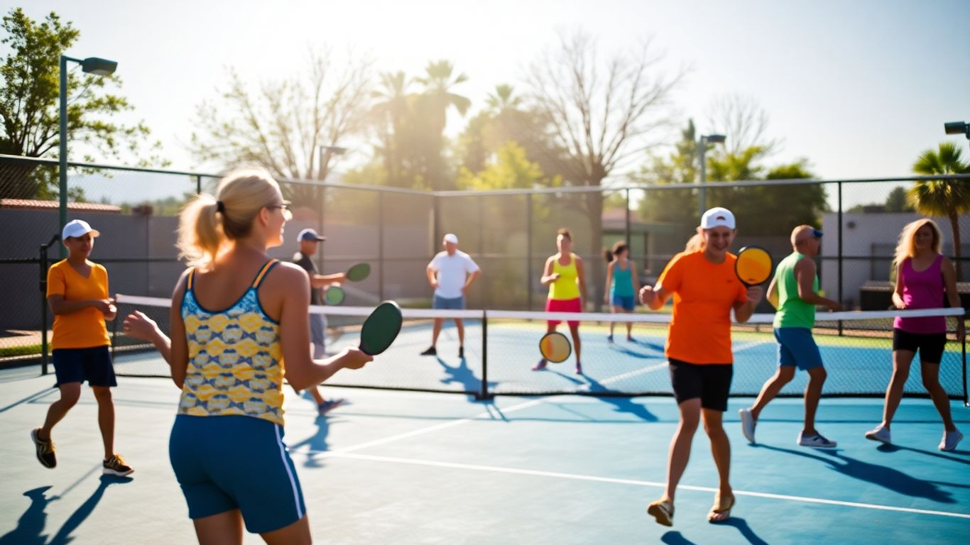 Pickleball players in action on a sunny court.