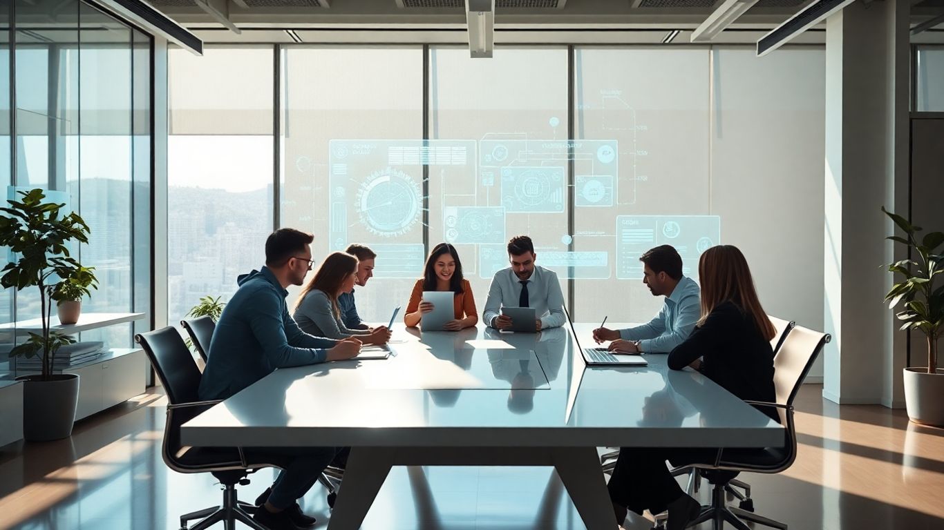 Equipo trabajando con inteligencia artificial en oficina moderna.