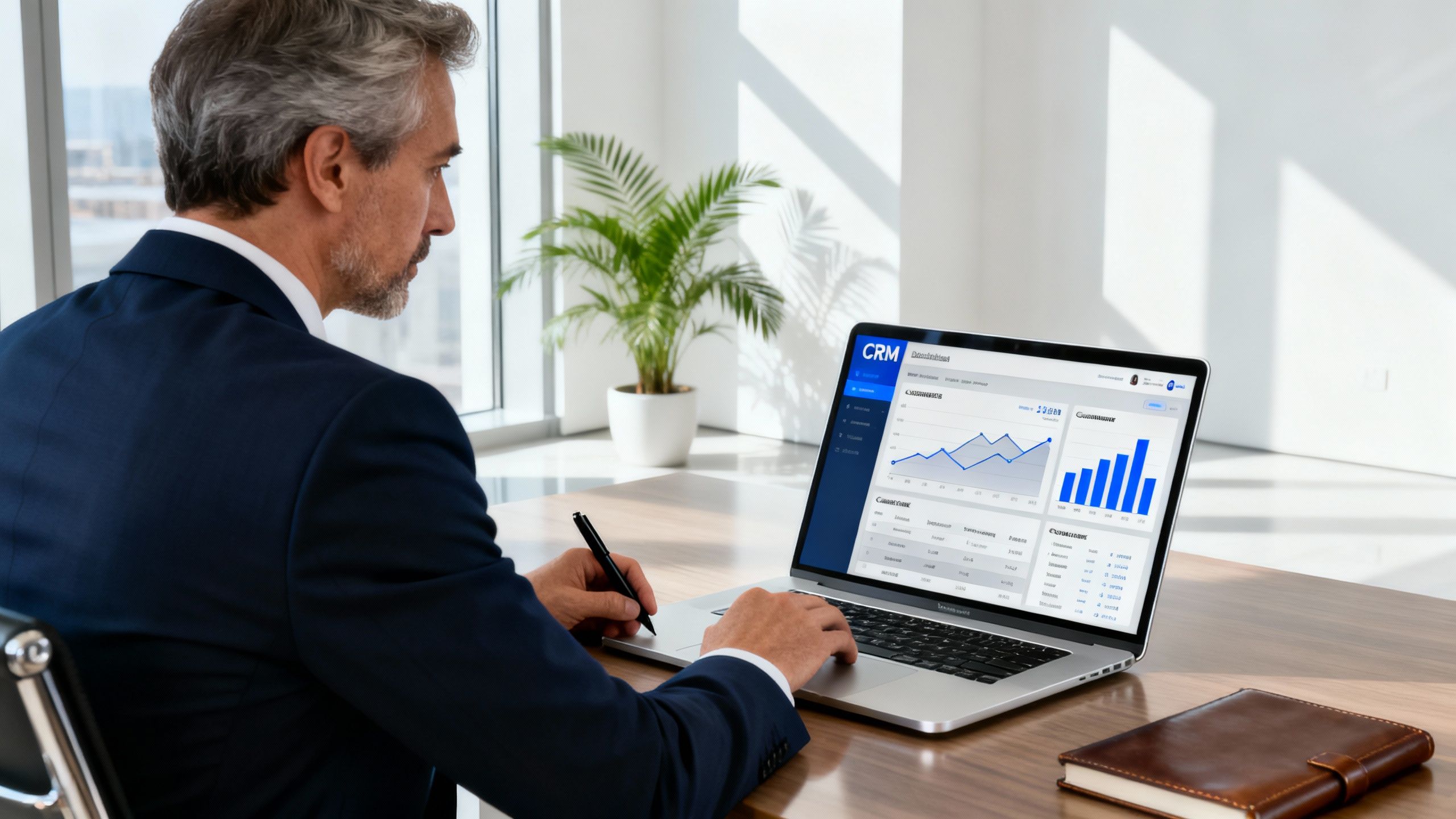 Профессиональный предприниматель анализирует CRM-дашборд на ноутбуке в современном офисе