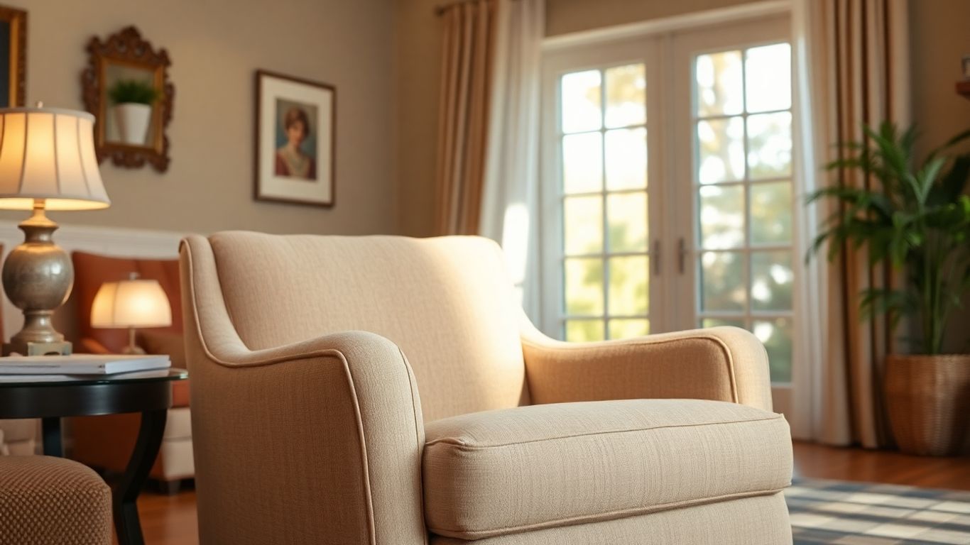 Comfortable upholstered armchair in a sunlit living room.