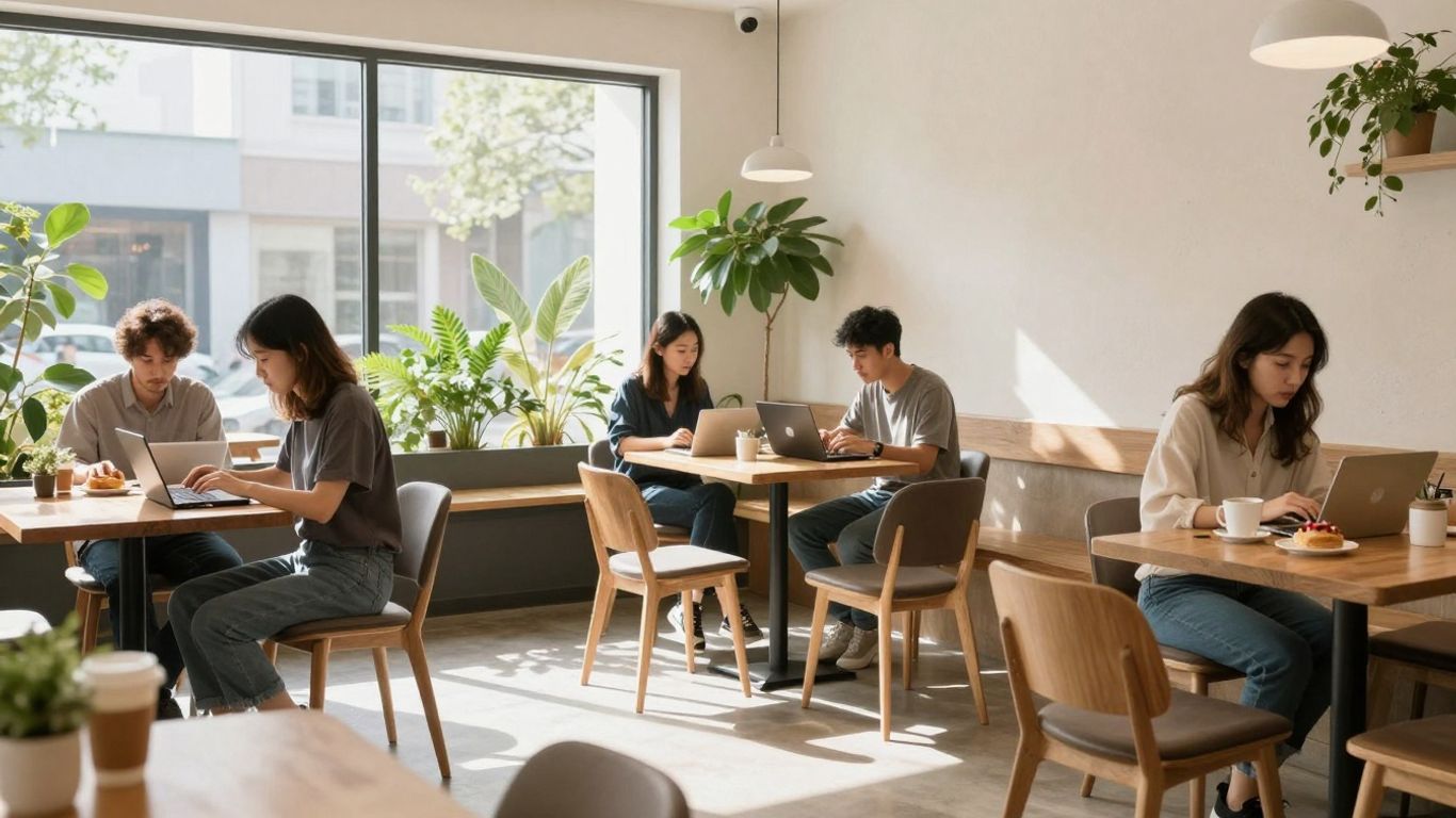 Interior of The Meteor coffee shop with people working on laptops.