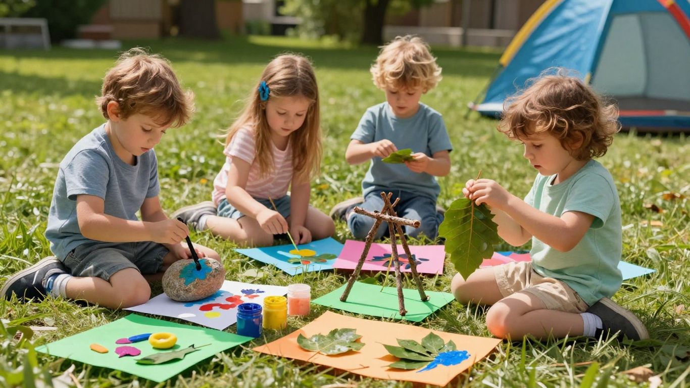 Kinderen knutselen buiten met natuurlijke materialen.