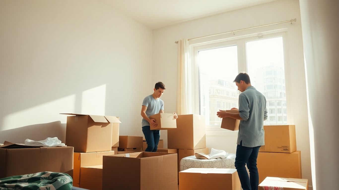 Student packing boxes for apartment move