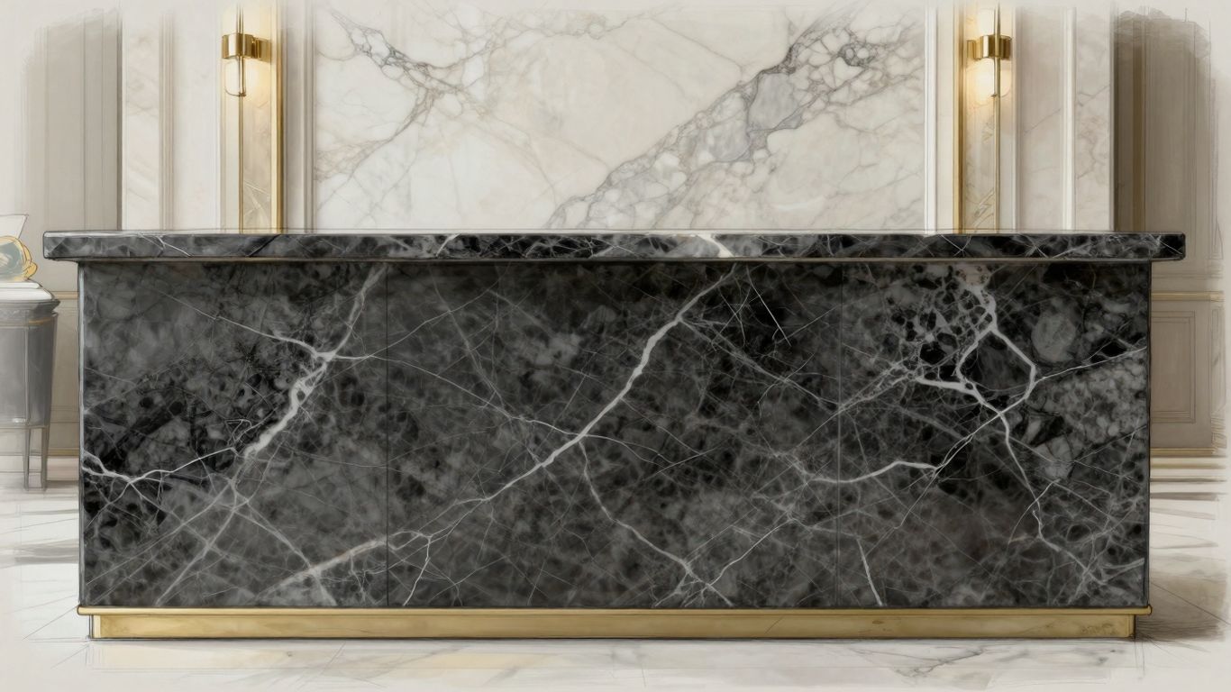 Boceto de losas de mármol Arabescato en un interior lujoso.