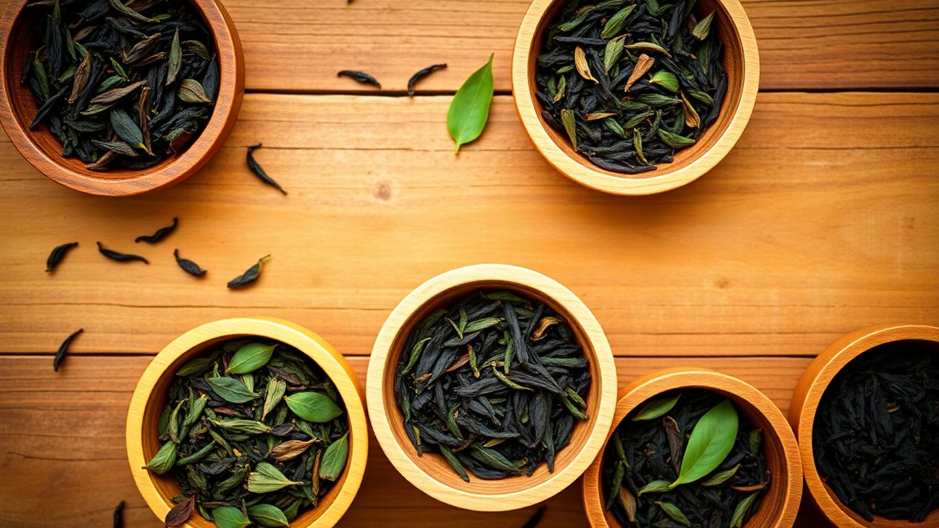 Assorted loose-leaf teas in wooden bowls on a rustic surface.