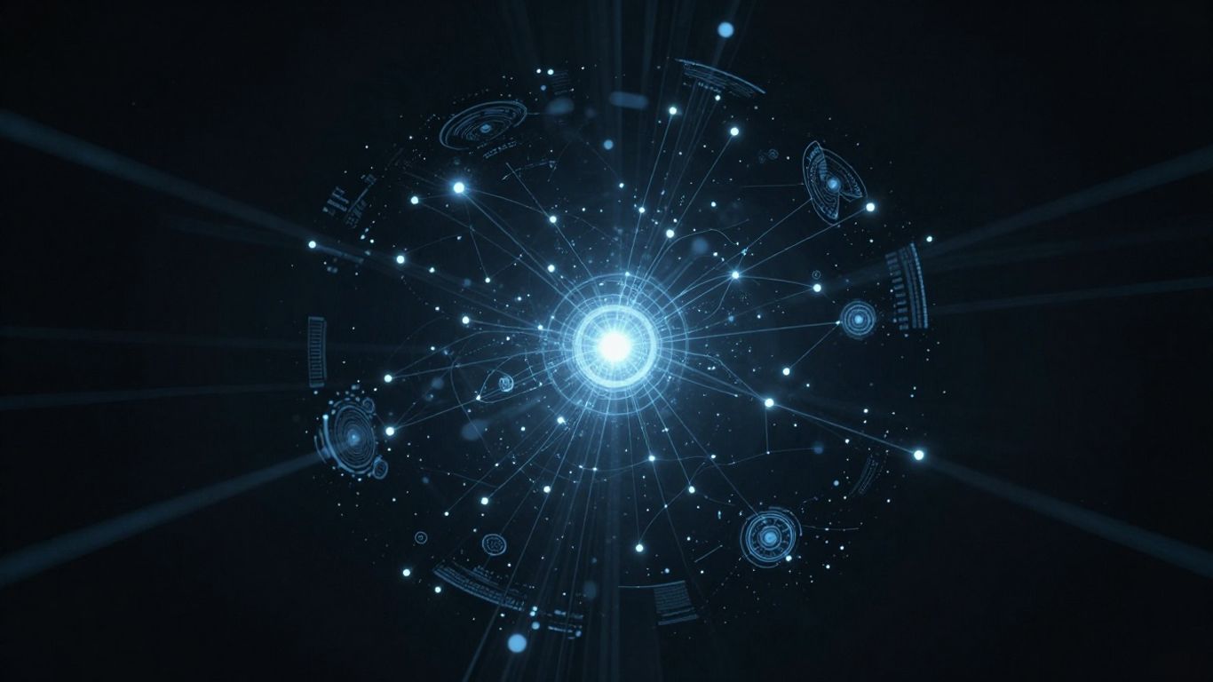 Abstract data streams converging into a central illuminated pattern.