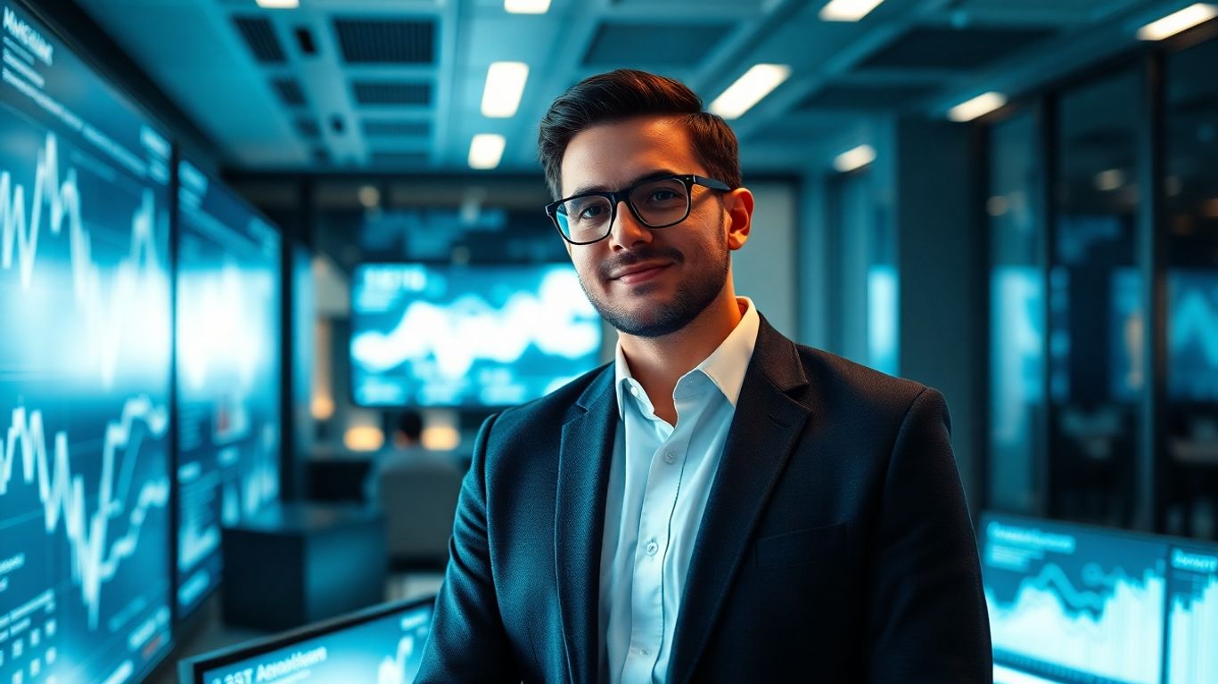 Digital media buying strategy with glowing screens.