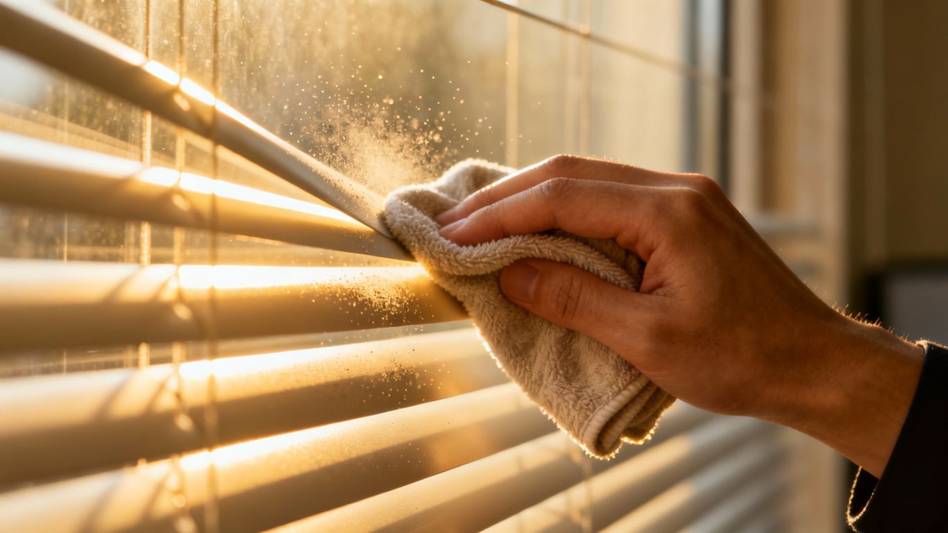 Čistenie vertikálnych žalúzií v kancelárii mäkkou handričkou.