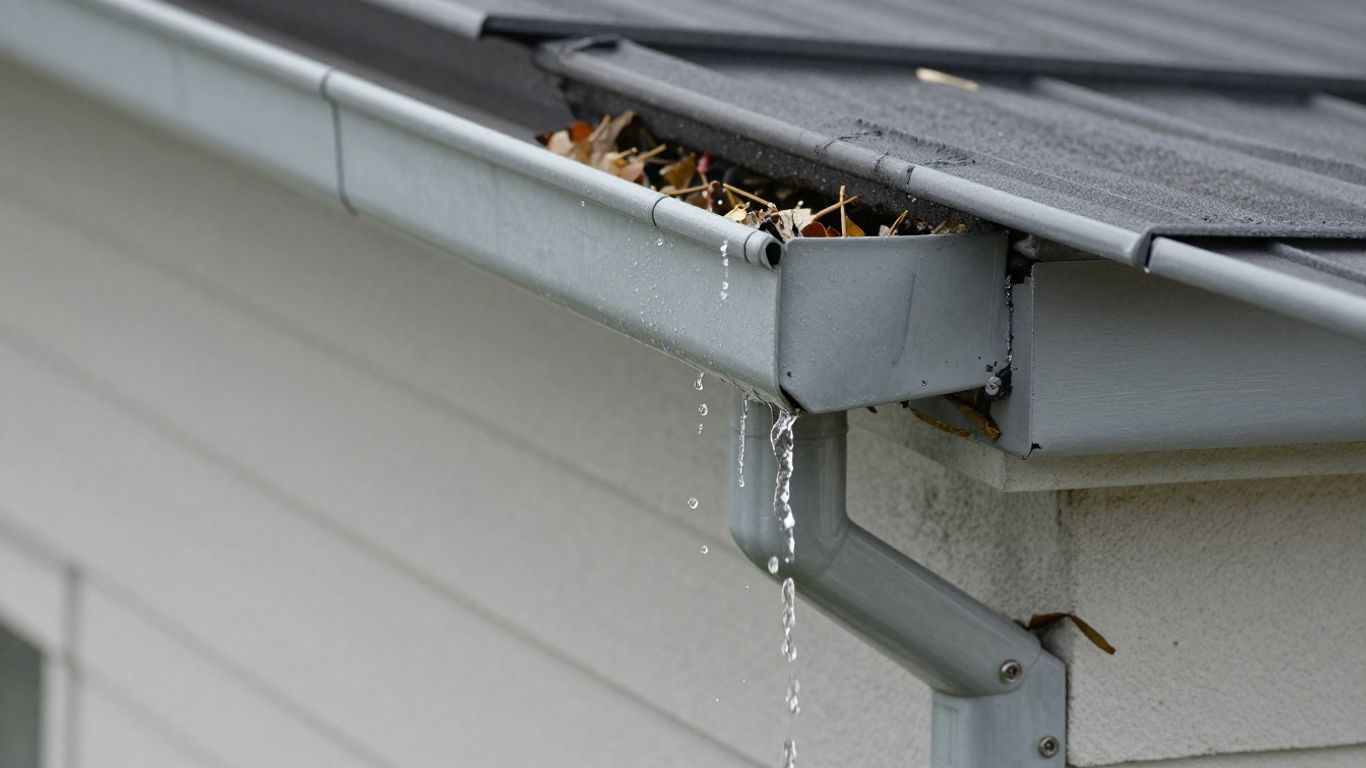 Overflowing and sagging gutter with visible debris.