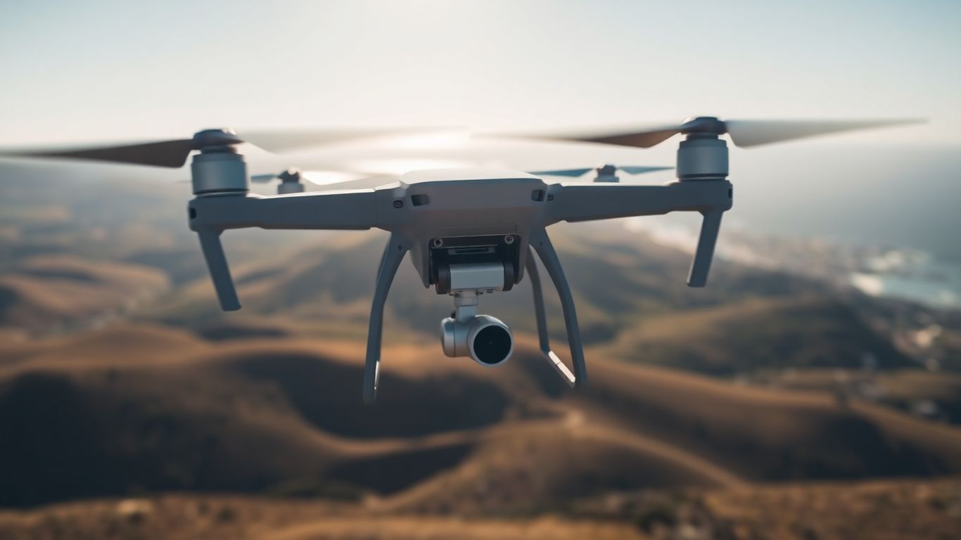 Drone flying over California landscape