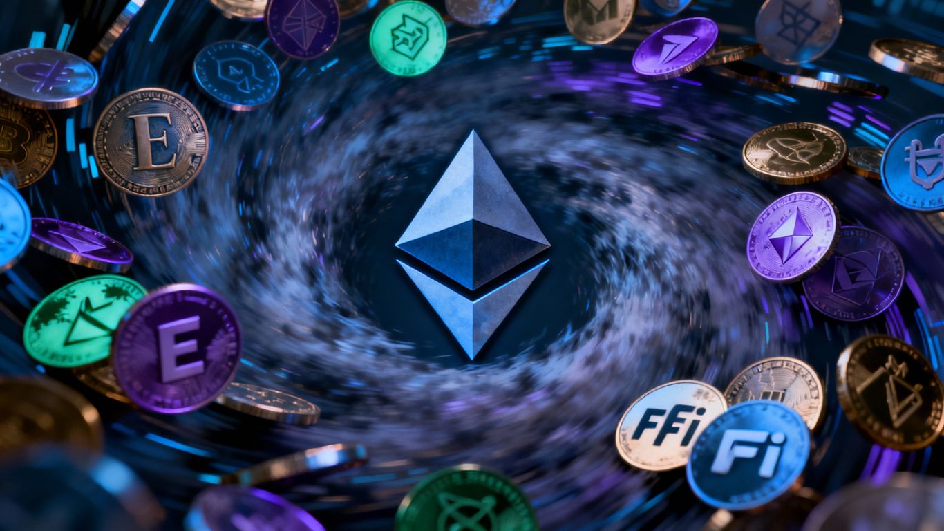 Ethereum logo under pressure from DeFi tokens