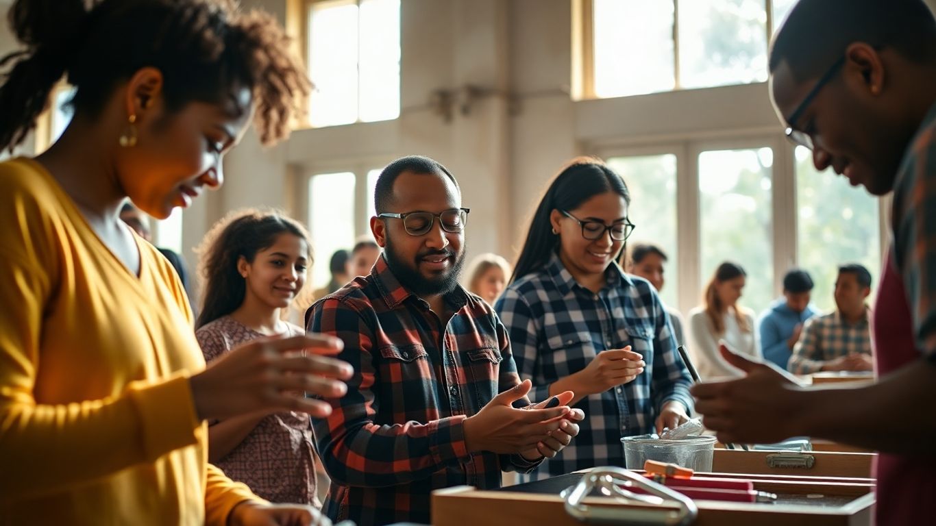 Personas aprendiendo habilidades prácticas en un entorno luminoso.