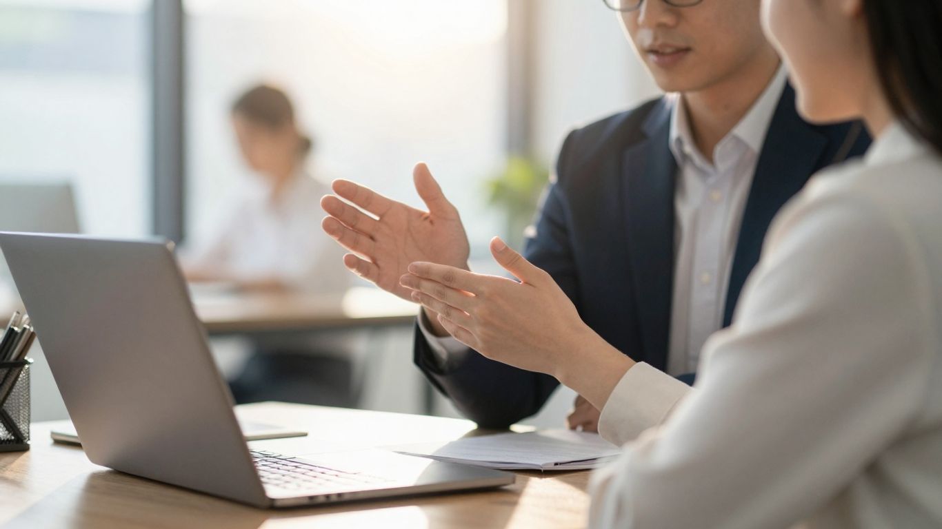 Consultant discussing pension planning in a bright office.