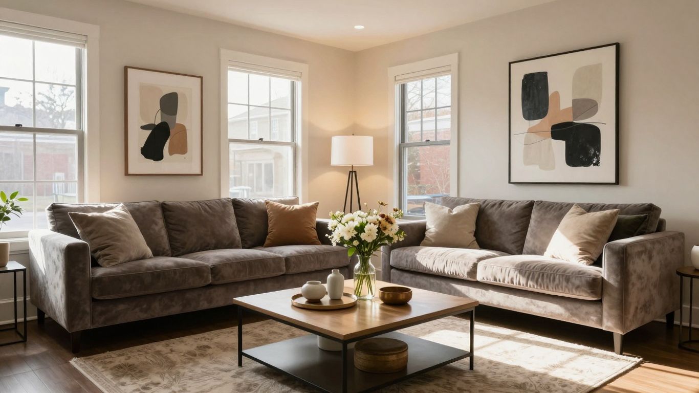 Modern Charlotte Airbnb living room with art and natural light.