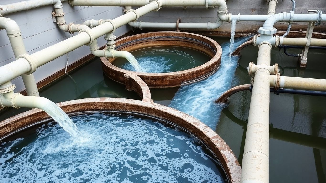 Sewage treatment plant with pipes, tanks, and water flow.