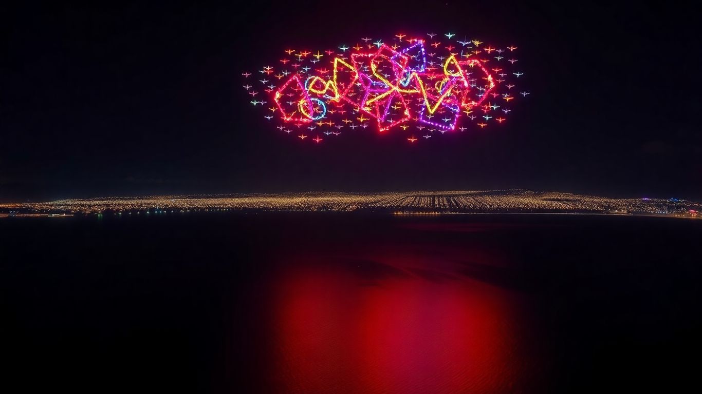 Drone light show illuminates Bali night sky over ocean.