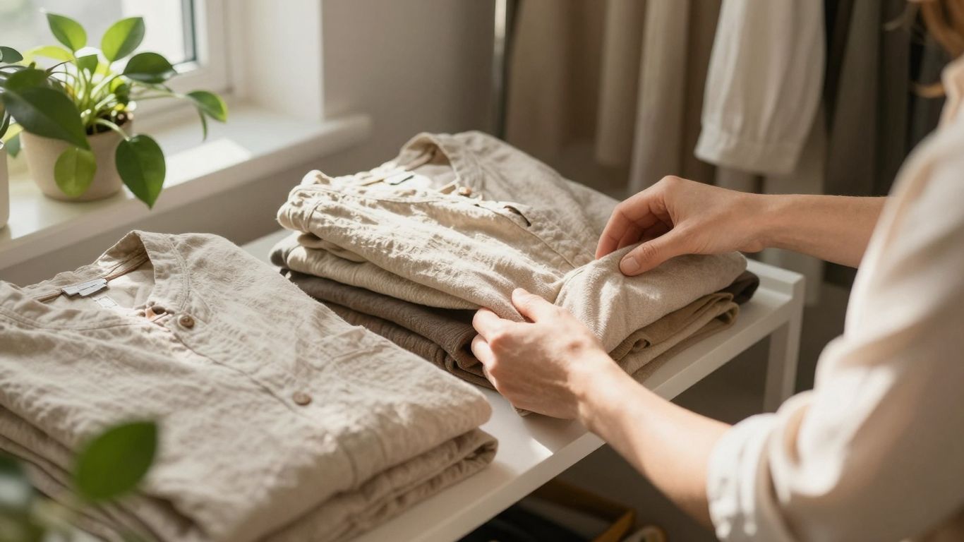 Garderobă organizată cu haine din materiale naturale.