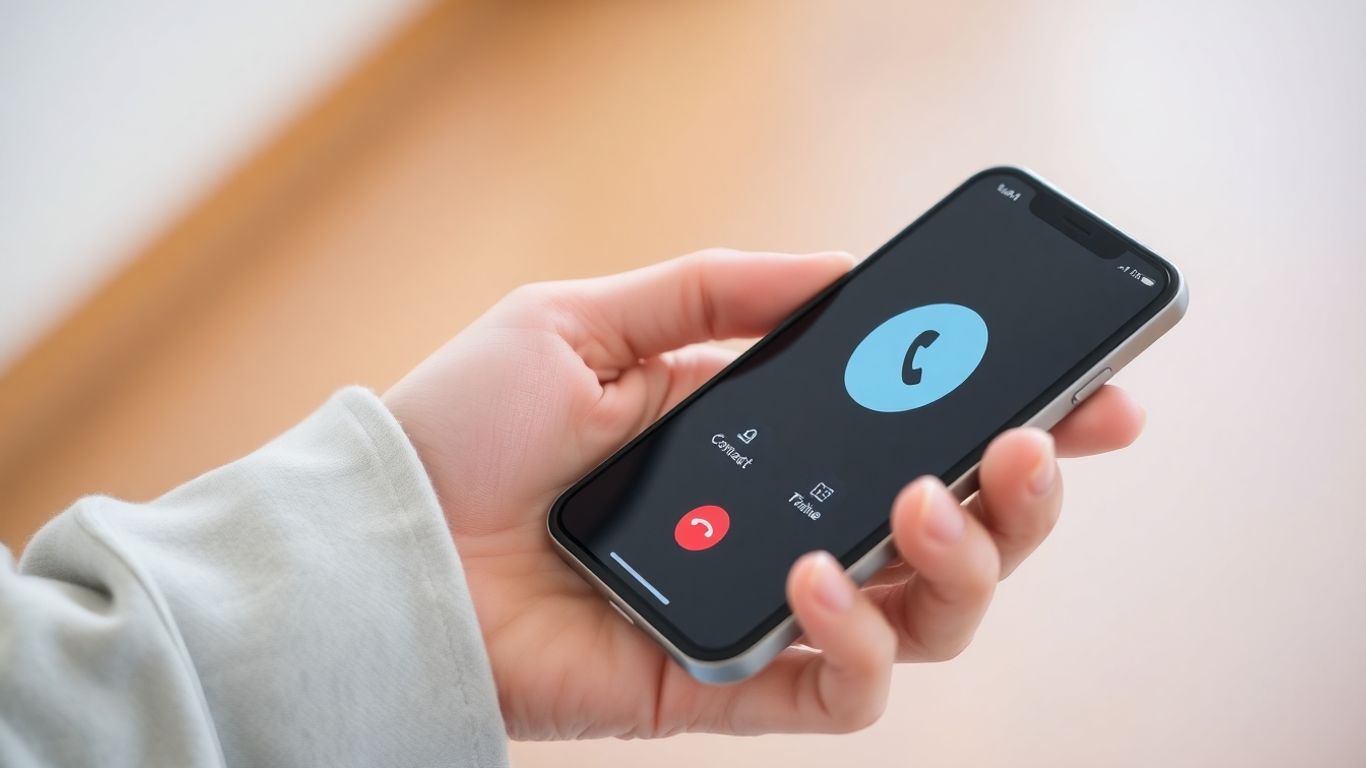 Hand holding smartphone with contact list and phone icon.