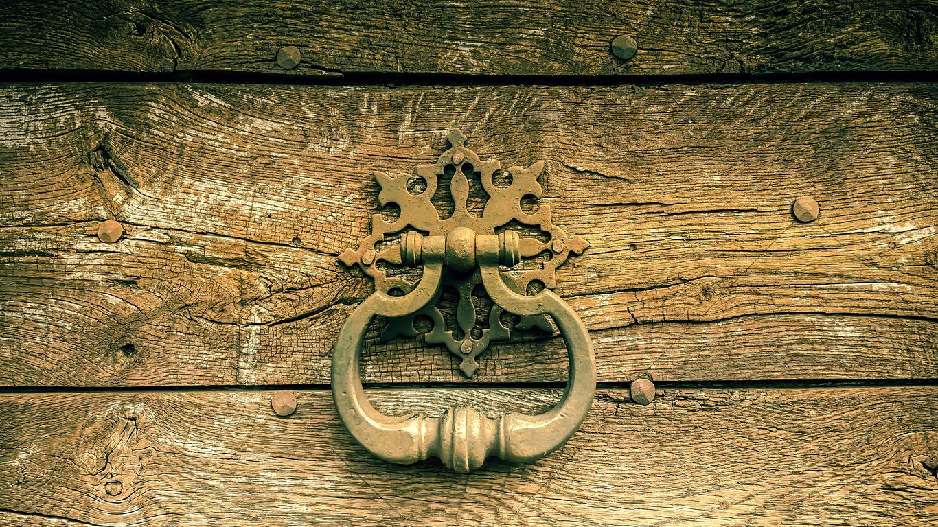 a close up of a door handle on a wooden door