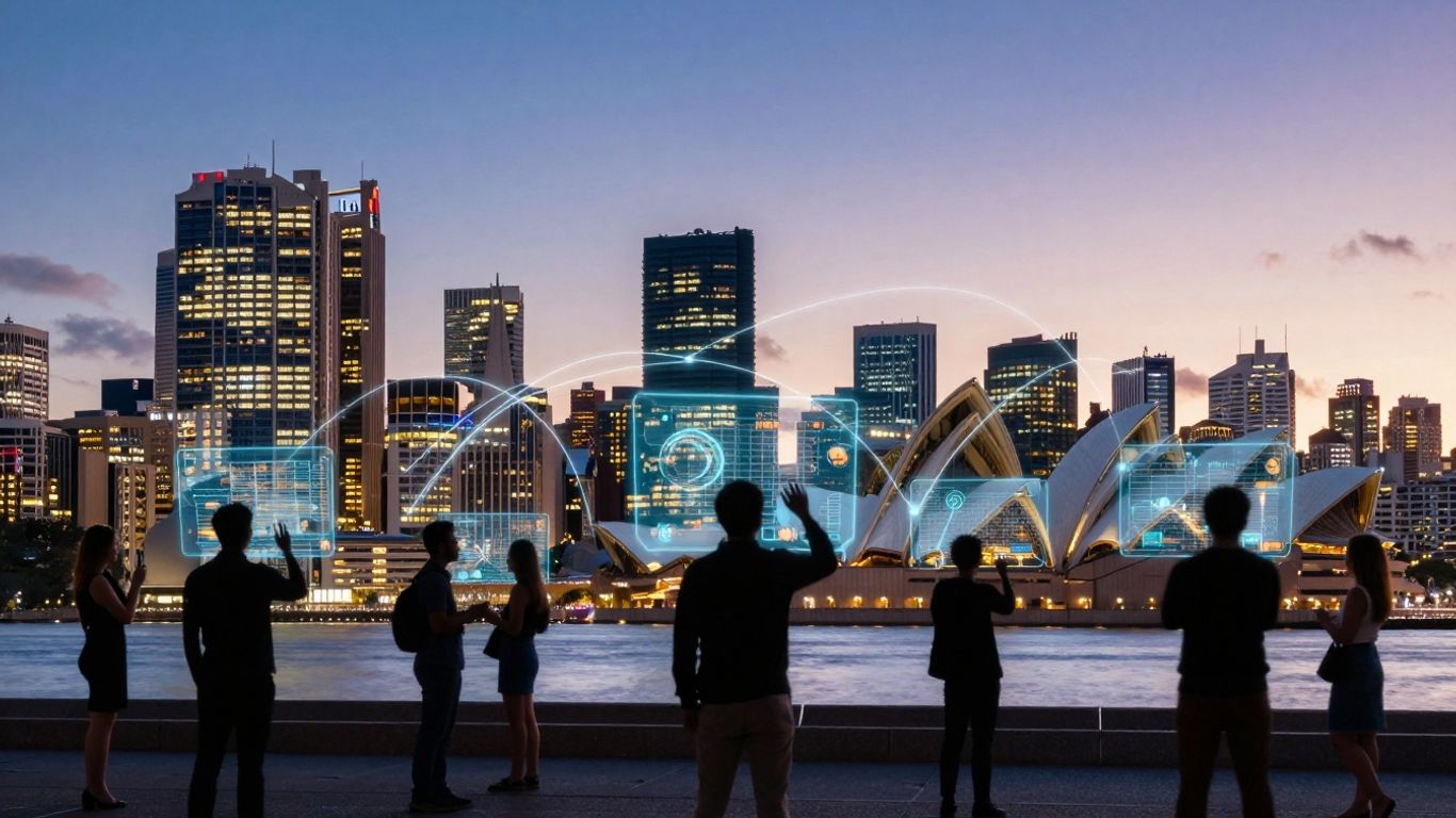 Sydney skyline with glowing tech connections and holographic interfaces.
